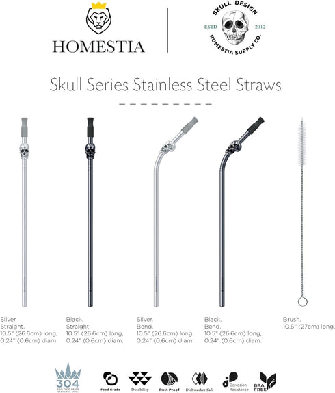 Homestia 10.5'' Stainless Steel Straw Set - 4 Food Grade Reusable Metal Drinking Straws with Cleaning Brush
