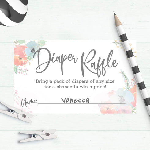 Canopy Street Pastel Watercolor Floral Diaper Raffle Tickets / 50 Baby Shower Drawing Cards / 2" x 3.5" Gender Reveal