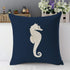 Mugod Sea Horse Decorative Throw Pillow Cover, White and Navy Blue, 18x18 Inch Cotton Linen Cushion