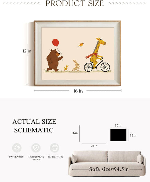 12x16 Inch ARPEOTCY Framed Canvas Wall Art, Cute Animal Parade Print, Giraffe on Bicycle with Bear, Bunny, and Birds