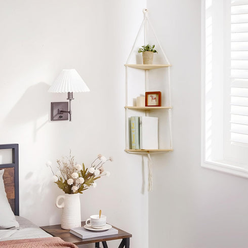 3 Artilady White Corner Floating Shelves Wall Hanging- Macrame Tier Corner Shelf Plant Wall Decor Boho Rustic Wooden