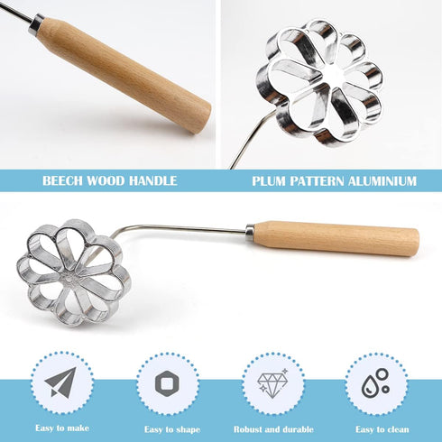 DOERDO Wooden Handle Frying Mold, 1PCS Rosette Waffle Molds for Homemade Frying, Kitchen Gadgets, Silver