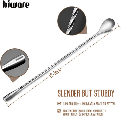 Hiware 12 Inches Stainless Steel Mixing Spoon, Spiral Pattern Bar Cocktail Shaker Spoon