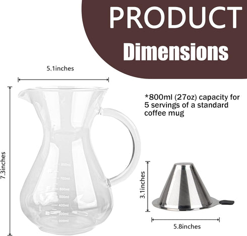 T-mark Pour Over Coffee Maker with Reusable Double-layer Stainless Steel Filter, 800ml/27oz BPA-Free Glass Carafe