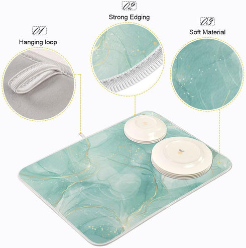 Dish Drying Mats for Kitchen Counter, Green Turquoise Microfiber Drying Mat for Sink Dishes Medium Size