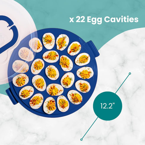 Crafted Containers 22-Count Deviled Egg Carrier with Lid & Handles, Portable Tray, Dishwasher-Safe Blue