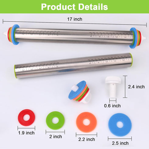 Adjustable Rolling Pin with Thickness Rings for Baking, Stainless Steel Designs Dough Roller Pins for Cookie Decorating Baking Supplies Fondant Cake Baker