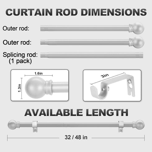 Silver Curtain Rods for Bedroom with Brackets, 5/8 Inch Diameter Small Window Curtain Rod 32 to 48 Inches