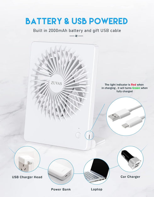 Zuvas Battery Operated Desk Fan, Rechargeable 180° Tilt Folding Personal Fan, Ultra Quiet 3 Speed for Home & Camping