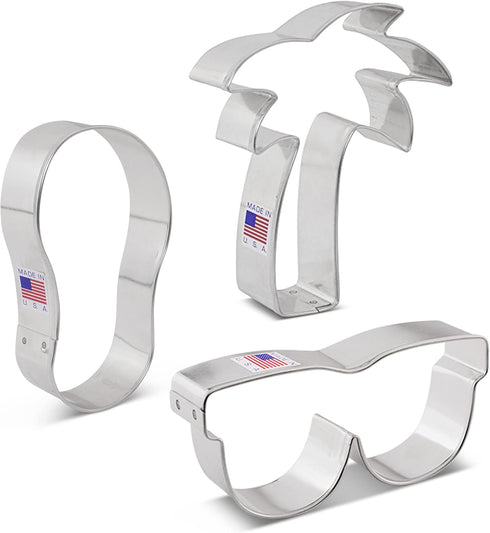 Ann Clark Summer Beach Cookie Cutters 3-Pc. Set, Flip Flop, Sunglasses, Palm Tree, Made in USA