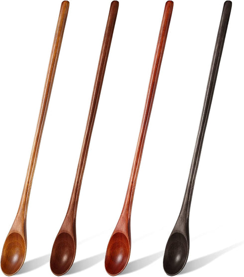 4 Pcs 13 Inch Long Handle Wooden Spoons for Cooking, Vintage Stirrer Spoon for Kitchen Soup, Coffee, Cocktail Mixing