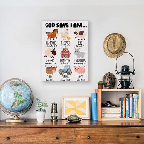 Hijie 12x15 Inch Inspirational Motivational God Says I Am Poster Canvas Wall Art for Nursery Home Decor Christian Farm