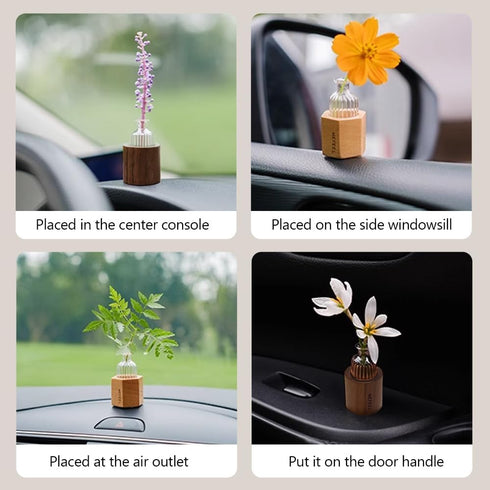 WAYUTO Mini Glass Vase with Walnut Stand - Self-Adhesive Plant Container for Home & Car