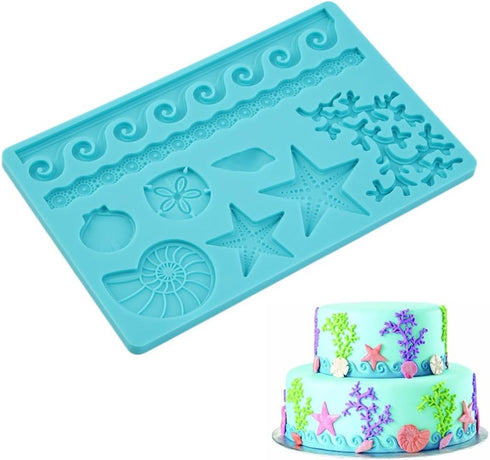 Seaweed Seashell Coral Conch Starfish Silicone Mold, Marine Theme Fondant Mold for Cake Decoration, Polymer Clay Craft