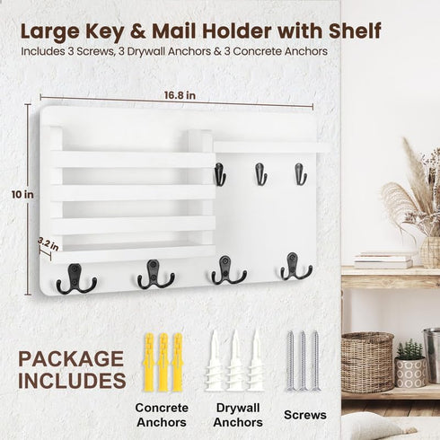 Nekon Wall Mail Holder Organizer with Key Hooks, Natural Wood Letter Sorter with Floating Shelf, 16.8Inch x 10Inch