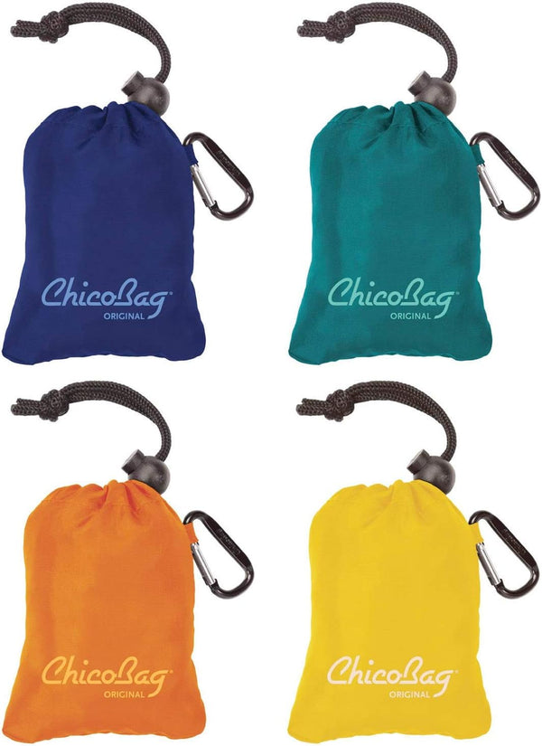 ChicoBag Original Compact Reusable Grocery Bag w/Attached Pouch and Carabiner Clip, Variety 4pk - Mazarine, Aqua,