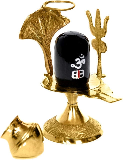 Craftsman SATVIK 4.5 INCH Brass Lord Shiva Linga Lingam Statue with Trishul and Brass Matki for Hindu Pooja Sculpture