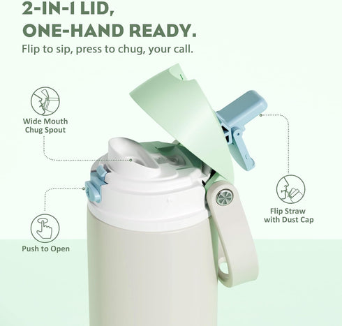 24 oz 2-in-1 24 POWCAN Steel Insulated Water Bottle: Push-Button Spout & Flip Straw Lid, Leakproof, Cold Hrs, Fits Car