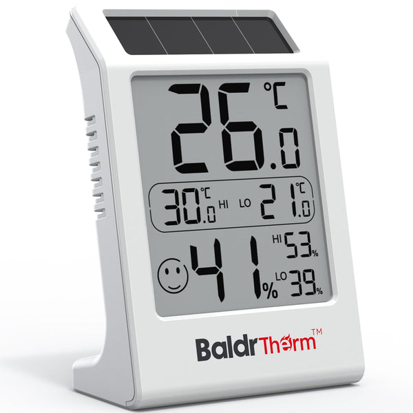 BaldrTherm Room Thermometer Indoor Humidity Meter, Solar-Powered 3.2'' Digital Temperature Sensor Monitor