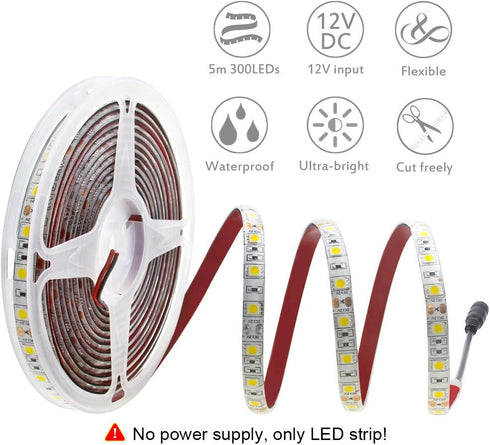 16.4ft 3500K 5050 5M 300 IP65 12V Commercial ALITOVE Warm White SMD LED Flexible Strip Ribbon Light LEDs Waterproof DC