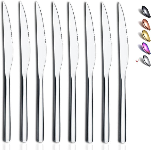 HOMQUEN 8 Piece Premium Stainless Steel Steak Knife Set, German Serrated Knives, Dishwasher Safe (Silver-9.2 Inch)