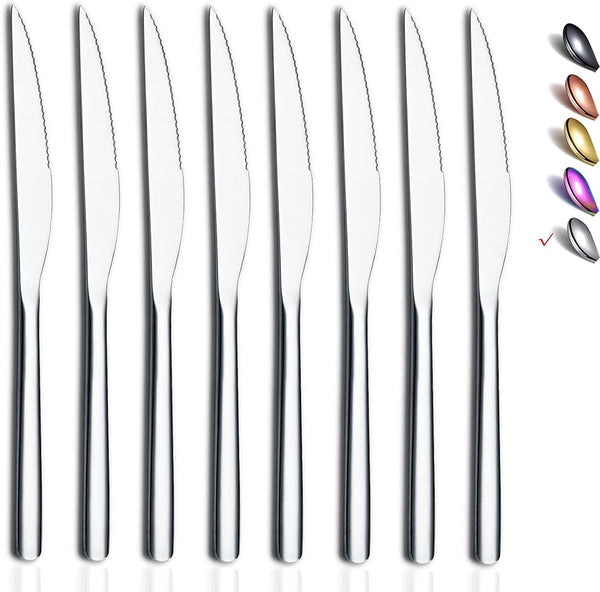 HOMQUEN 8 Piece Premium Stainless Steel Steak Knife Set, German Serrated Knives, Dishwasher Safe (Silver-9.2 Inch)
