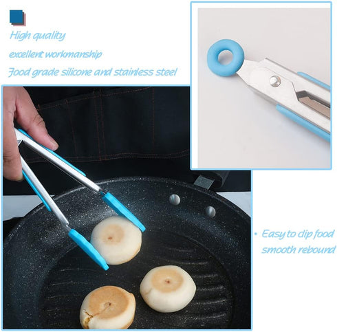Mini Kitchen Utensil Set, 5-Piece Tiny Silicone Tools for Kids Baking - Blue Whisk, Spatula, Tongs, Spoon