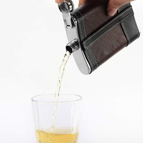Premium 1 Pack 8 Oz Hip Flask for Liquor, Soft Touch Leather Wrap with Funnel, Leak Proof Stainless Steel