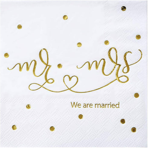 Gexolenu Mr & Mrs Wedding Cocktail Napkins, Gold Foil Disposable Paper Napkins for Wedding Shower Party Decorations,