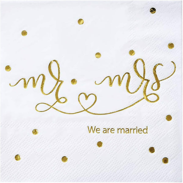 Gexolenu Mr & Mrs Wedding Cocktail Napkins, Gold Foil Disposable Paper Napkins for Wedding Shower Party Decorations,