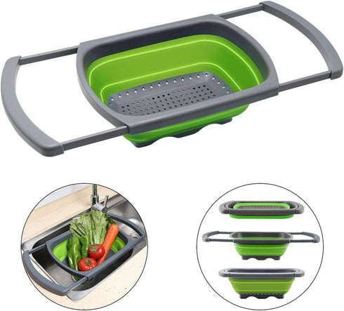 Qimh Collapsible Colander Strainer - Over The Sink Vegetable Fruit Strainer Basket (6 Quart) with Extendable Handles