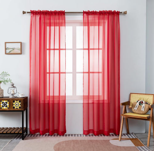 WPM Red Sheer Curtains, 58" Wide x 84" Long, 2 Panels Living Room Window Treatment Rod Pocket Sheer Voile