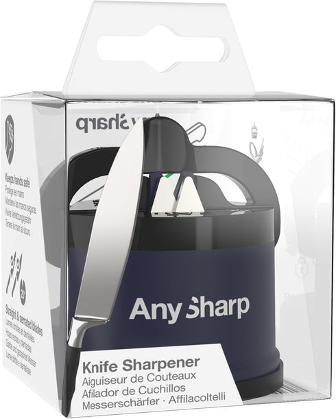 AnySharp Knife Sharpener, Hands-Free Safety, PowerGrip Suction, Compact for All Kitchen Knives, Navy Blue