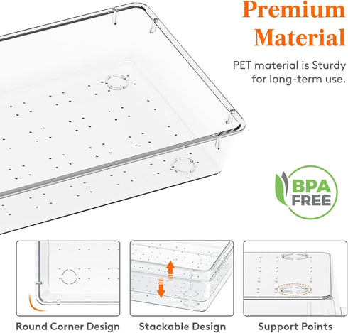 Lifewit Silverware Drawer Organizer, 5.75" x 11.65" Clear Utensil Tray, Stackable Plastic Cutlery Storage Box (3 Pack)