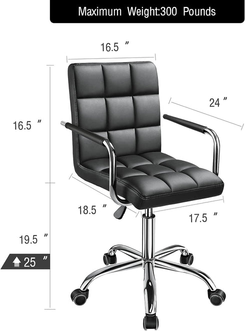 Kemon Ergonomic Mid Back Desk Chair with Armrests - Adjustable Height, Black PU Leather
