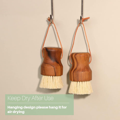 2PCS Set Teak Dish Scrub Brush by HTB, Good Grip Small Wooden Dish Brush with Teak Handle & Sisal Bristles for Kitchen