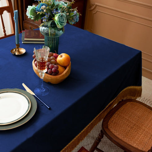 F-CHU Thickset 60x70-Inch Luxury Blue Tablecloth Velvet Tablecloth with Beautiful Gold Tassels Vintage Table Cloth
