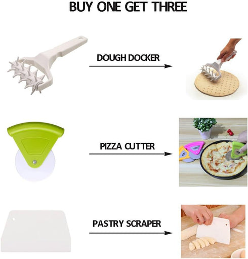 Time-Saver Pizza Dough Roller Docker, Dough Blistering Killer, Gift Package with Pizza Cutter and Pastry Scraper