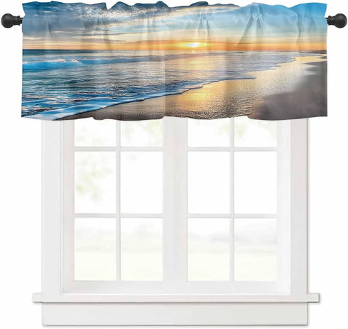 Hostline Sunset 42"x18" Valances Curtains for Living Room Beautiful Seascape Waves and Beach Semi Sheer Valance