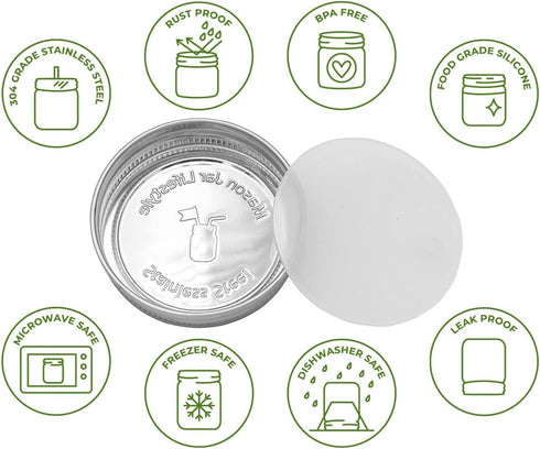Mason Jar Lifestyle 5 Pack Stainless Steel Storage Lids - Heavy Duty Caps for Wide Mouth Jars, Airtight Design