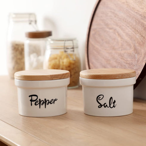 HAOTOP Salt and Pepper Bowls, 12.5 oz Ceramic Container with Wooden Lid for Countertop, Farmhouse Kitchen Decor