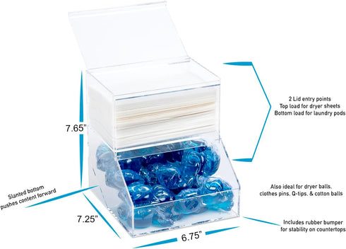 Laundry Pod Holder & Dryer Sheet Dispenser, 2 Compartment Acrylic Container with Lids for Laundry Room Organization