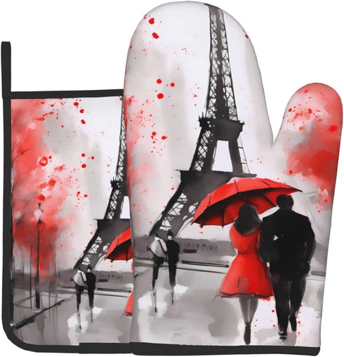 Oven Mitt and Pot Holders 2 Sets, Non-Slip BBQ Gloves with Eiffel Tower Flower Kitchen Design