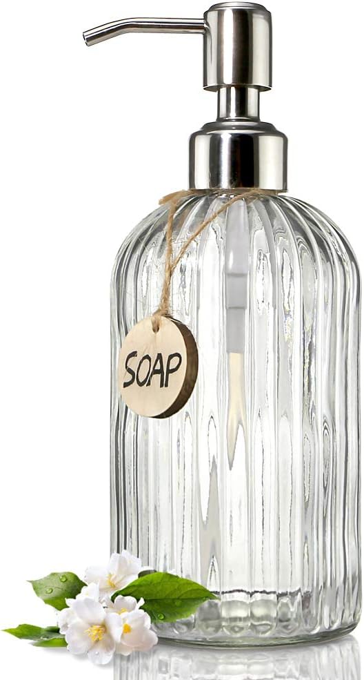 JASAI 18 Oz Clear Glass Soap Dispenser with Rust Proof Stainless Steel