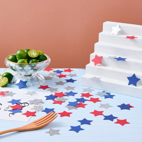 MOWO 4th Party,1.2 inch Diameter,200 Counts Silver Blue and Red Star Confetti Table Decoration for July Independence
