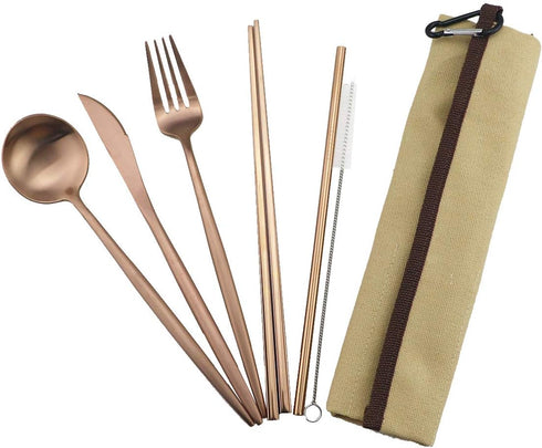 Reusable Travel Utensils, 7 Piece Portable 304 Stainless Steel including Knife Fork Spoon Chopsticks Cleaning Brush Straws Portable Pouch, Eco-friendly Camping Silverware Set, Dishwasher Safe by Gugrida