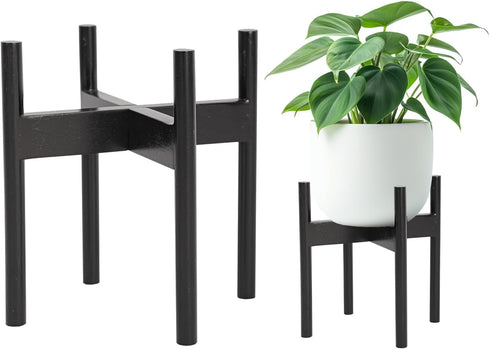 Wooden Plant Stand, 12.2" x 13.8" Indoor Outdoor Holder, Natural Boho Style, Assembly Required (Black, Excluding Potted