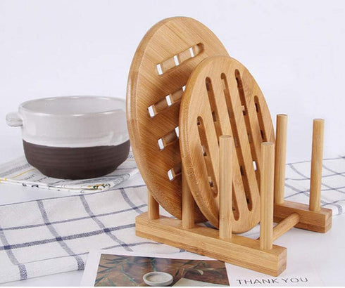 2Pcs Natural Bamboo Slip Drain Dish Rack - Home Kitchen Bamboo Wood Plates Rack for Pans and Cups