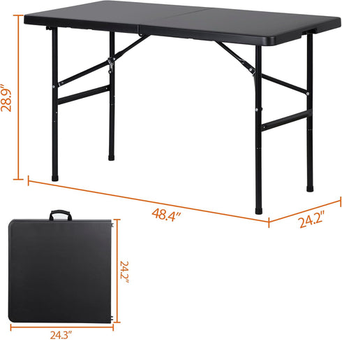 4ft ZENY Portable Folding Table Plastic Indoor Outdoor Picnic Party Camp Dining Table with Handle, Black