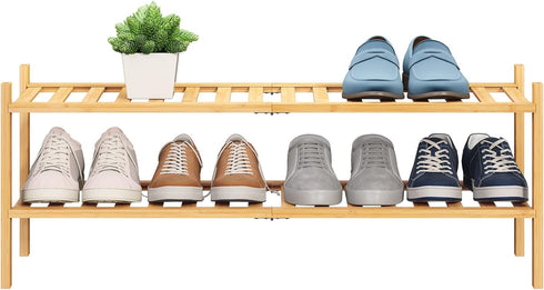 BMOSU 2-Tier Bamboo Extended Shoe Rack Premium Stackable Shoe Shelf Storage Organizer